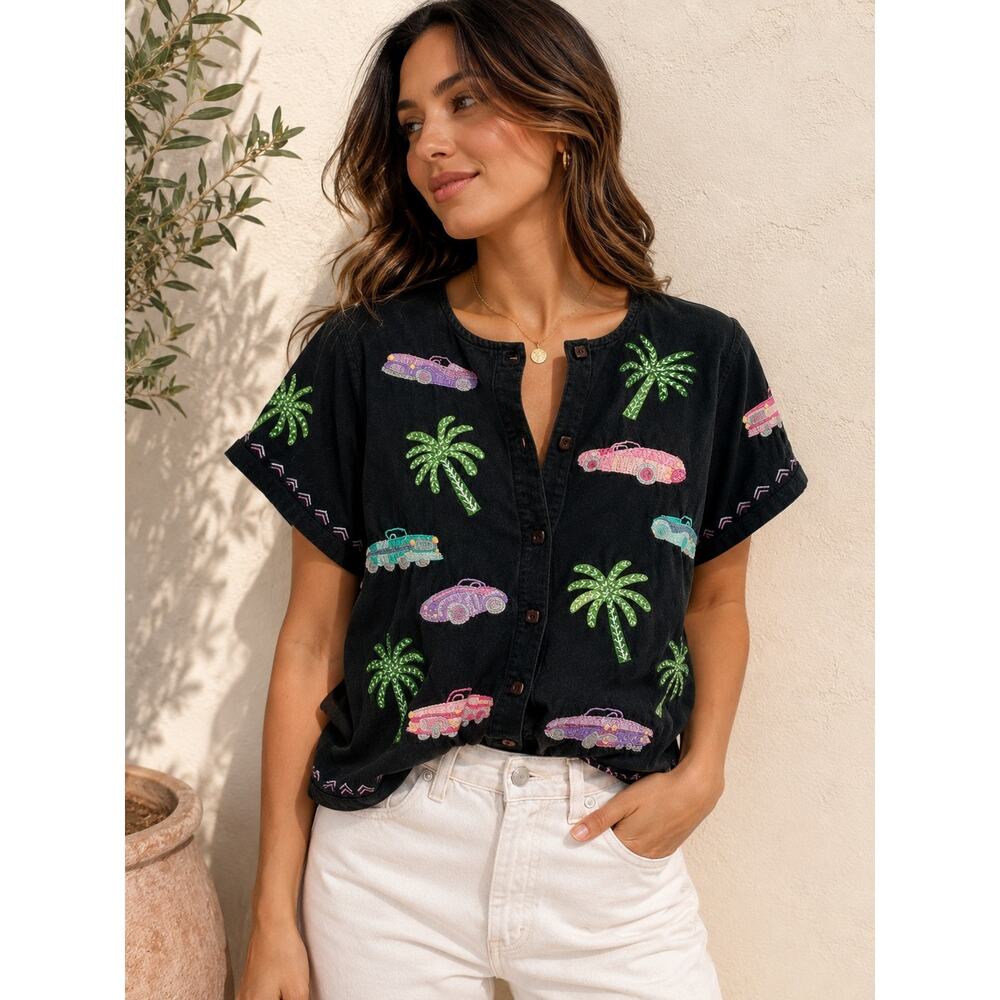 Michael Simon Lite Vintage Palm Tree Car Embroidered Black Top S